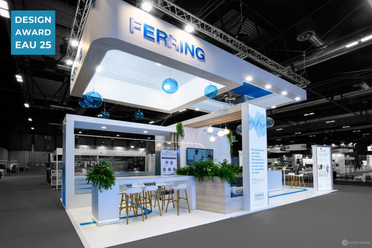 Stand Ferring menuisé pour l'EAU (European Association of Urology) à Madrid ayant reçu le Best Booth Award 2025.