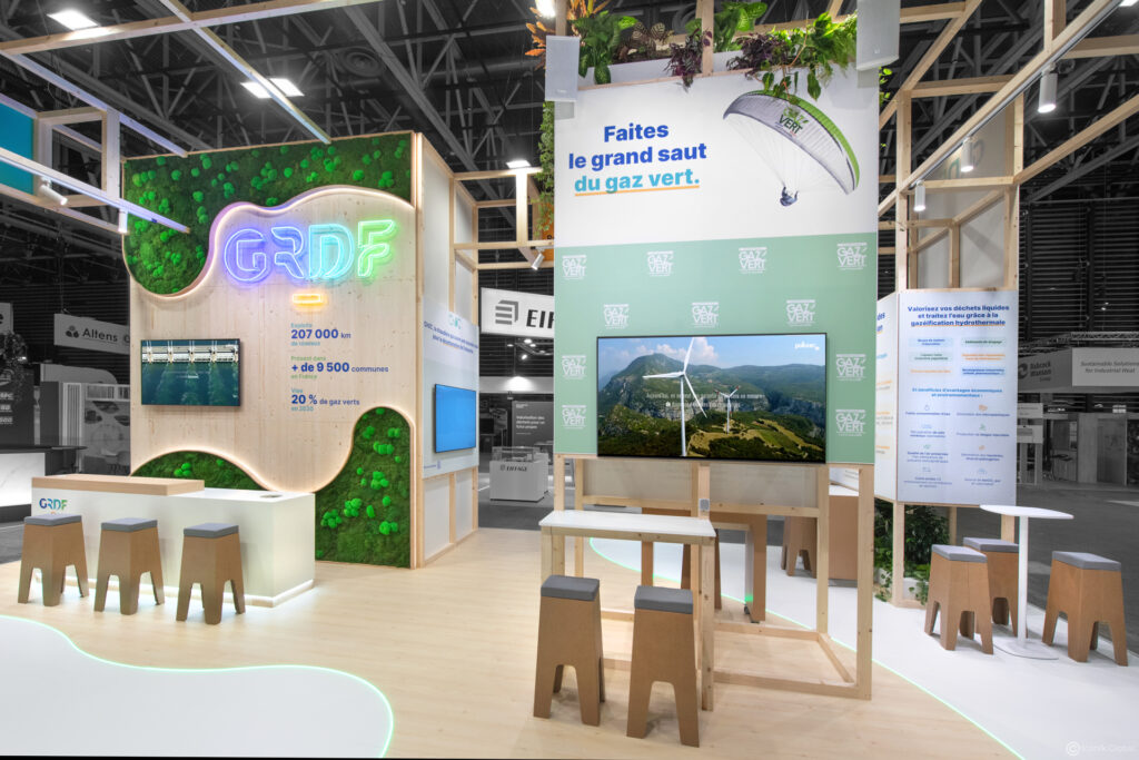 Stand GRDF menuis&eacute; (+ carton) r&eacute;alis&eacute; lors du salon Pollutec 2025 &agrave; Lyon