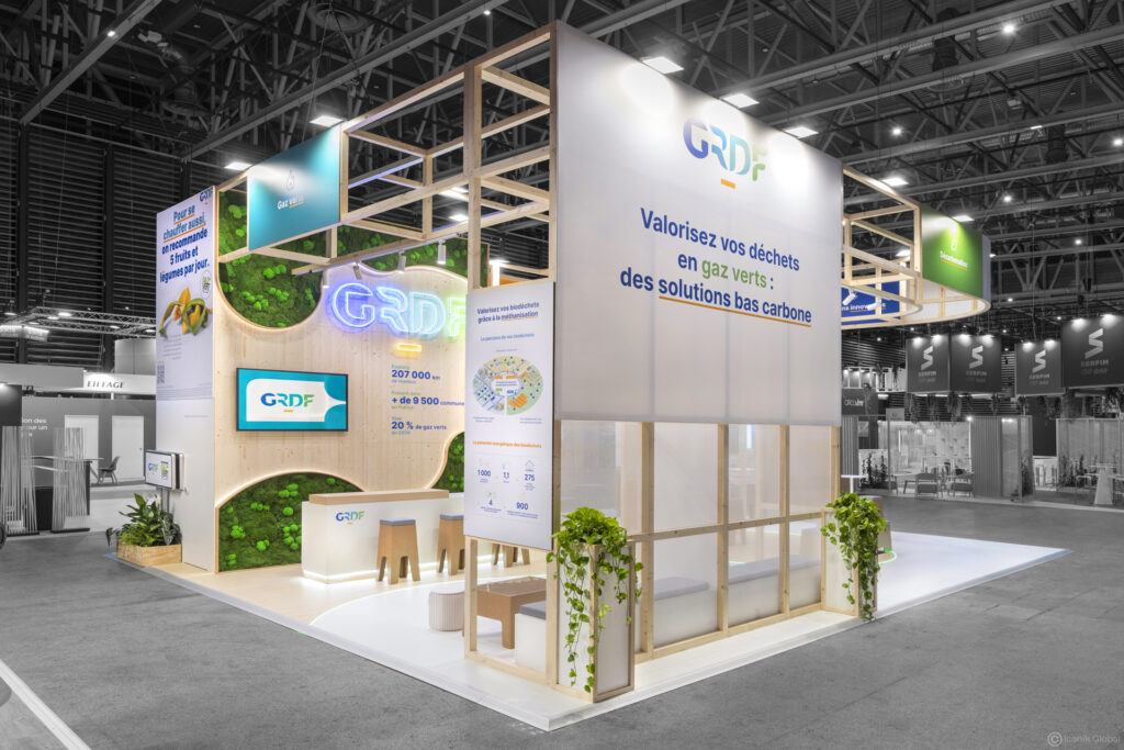 Stand GRDF menuis&eacute; (+ carton) r&eacute;alis&eacute; lors du salon Pollutec 2025 &agrave; Lyon