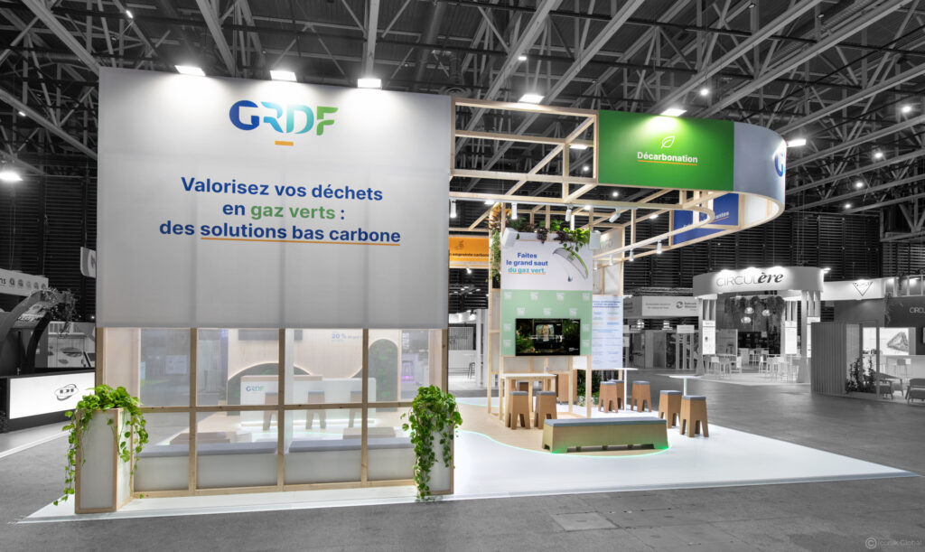 Stand GRDF menuis&eacute; (+ carton) r&eacute;alis&eacute; lors du salon Pollutec 2025 &agrave; Lyon
