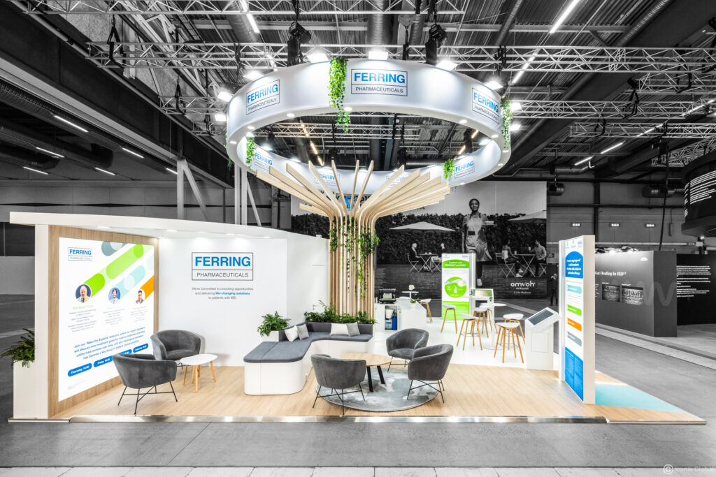 Stand traditionnel Ferring con&ccedil;u pour l'ECCO (European Crohn's and Colitis Organisation) 2026 &agrave; Stockholm